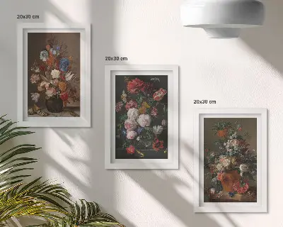 Framed triptych flowers in vases with various vintage plant compositions