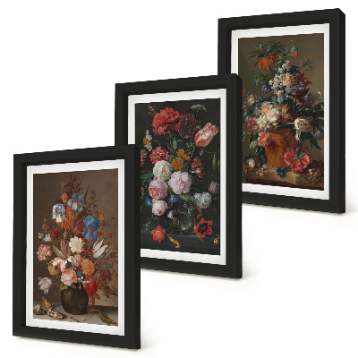 Framed triptych Flowers in vases, various vintage plant compositions