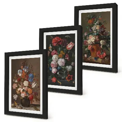 Framed triptych flowers in vases with various vintage plant compositions
