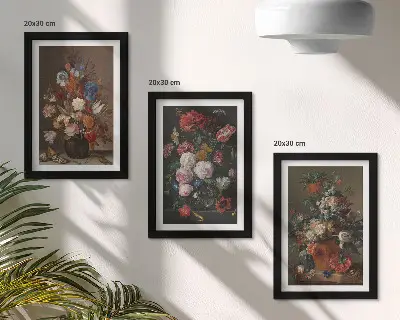 Framed triptych flowers in vases with various vintage plant compositions