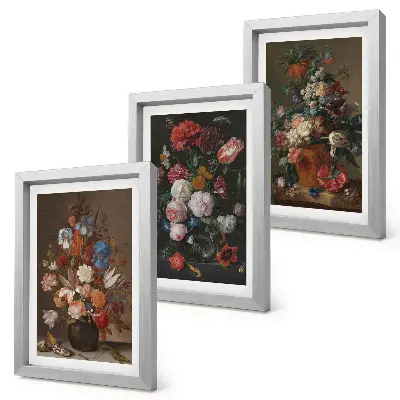 Framed triptych flowers in vases with various vintage plant compositions