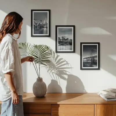 Photo frame wall Bridges and city architecture in shades of gray