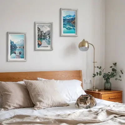 Mountain Lakes Triptych framed wall art featuring boats and water reflections