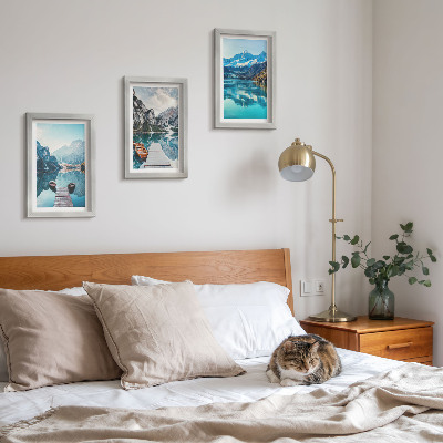 Framed triptych Mountain lakes with boats and reflections in the water