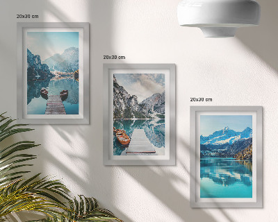 Framed triptych Mountain lakes with boats and reflections in the water