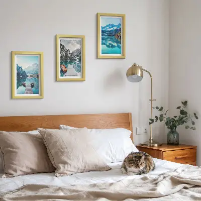 Mountain Lakes Triptych framed wall art featuring boats and water reflections
