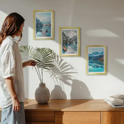 Mountain Lakes Triptych framed wall art featuring boats and water reflections