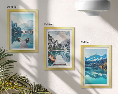 Framed triptych Mountain lakes with boats and reflections in the water