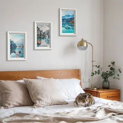 Mountain Lakes Triptych framed wall art featuring boats and water reflections