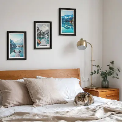 Mountain Lakes Triptych framed wall art featuring boats and water reflections