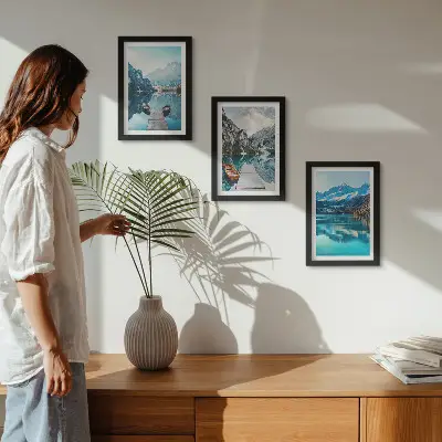 Mountain Lakes Triptych framed wall art featuring boats and water reflections