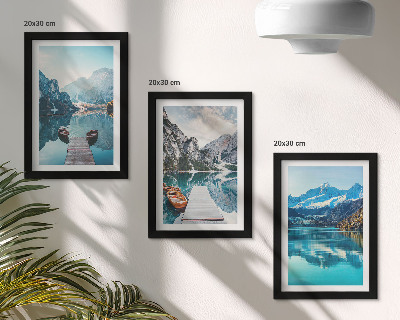 Framed triptych Mountain lakes with boats and reflections in the water