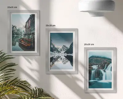 3-Piece wall art set mountain landscapes featuring a waterfall and a lake
