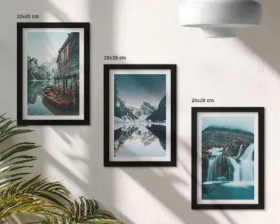 3-Piece wall art set mountain landscapes featuring a waterfall and a lake