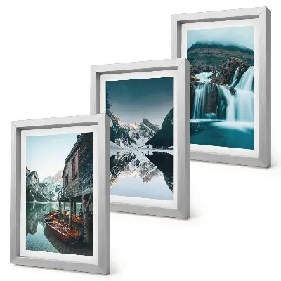 3-Piece wall art set mountain landscapes featuring a waterfall and a lake