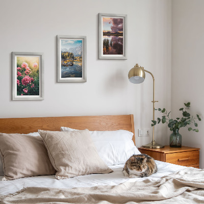 Photo frame wall Flowers in the garden, mountains and a calm surface of water