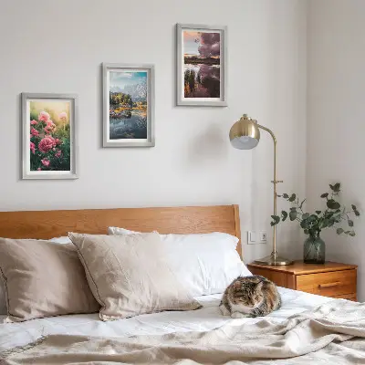 Photo frame wall set flowers in the garden, mountains and calm water landscape