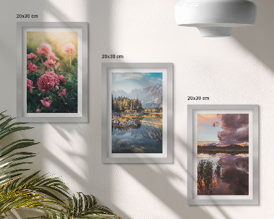 Photo frame wall Flowers in the garden, mountains and a calm surface of water