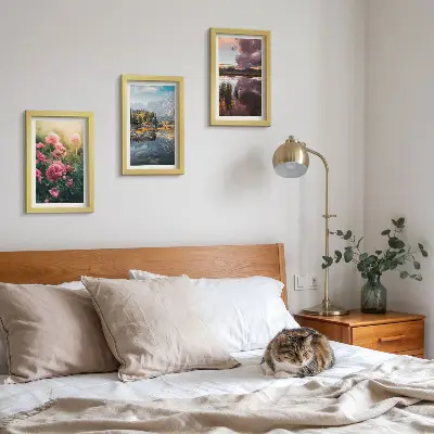 Photo frame wall set flowers in the garden, mountains and calm water landscape