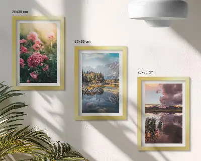 Photo frame wall set flowers in the garden, mountains and calm water landscape