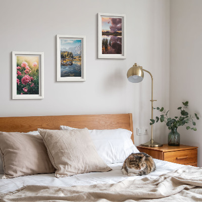 Photo frame wall Flowers in the garden, mountains and a calm surface of water