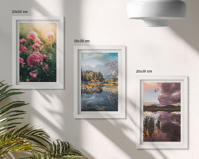 Photo frame wall Flowers in the garden, mountains and a calm surface of water