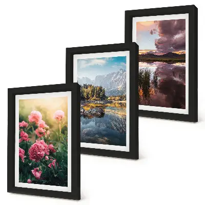 Photo frame wall set flowers in the garden, mountains and calm water landscape