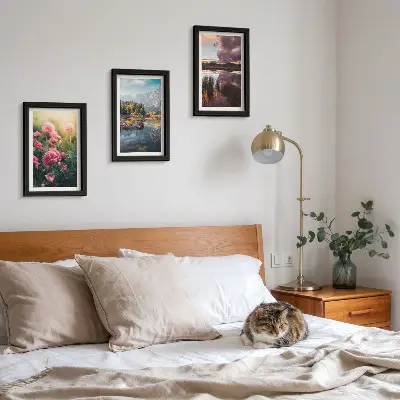 Photo frame wall set flowers in the garden, mountains and calm water landscape