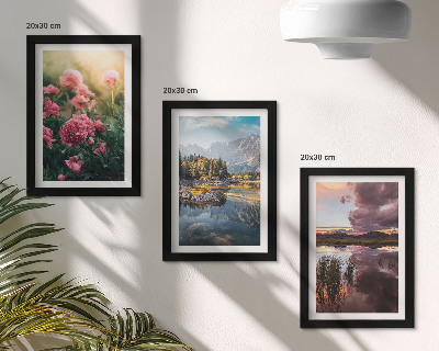 Photo frame wall Flowers in the garden, mountains and a calm surface of water