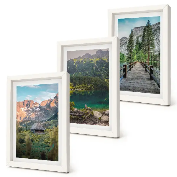 Mountain landscapes with a lake and a wooden pier framed triptych