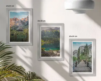 Mountain landscapes with a lake and a wooden pier framed triptych