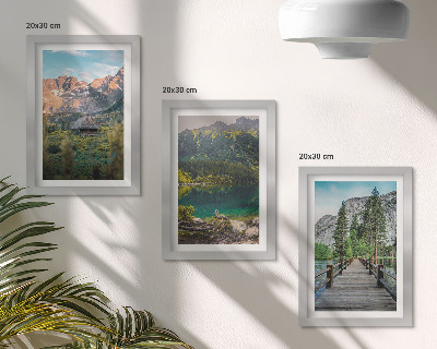 Framed triptych Mountain landscapes with a lake and a wooden pier