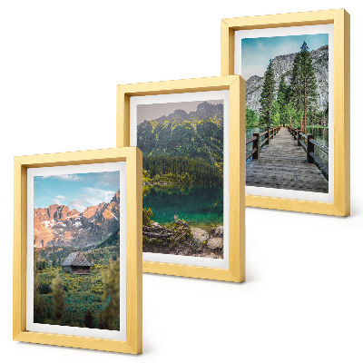 Framed triptych Mountain landscapes with a lake and a wooden pier