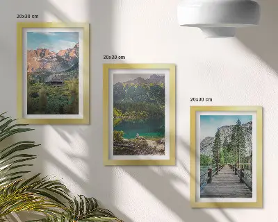 Mountain landscapes with a lake and a wooden pier framed triptych