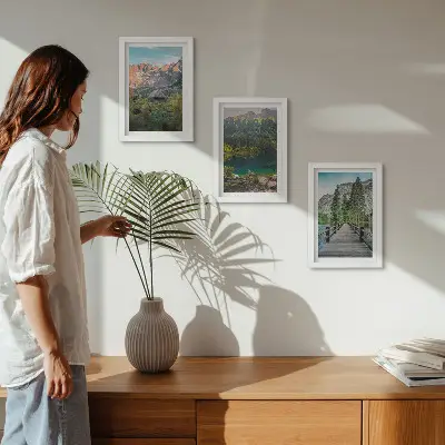 Mountain landscapes with a lake and a wooden pier framed triptych