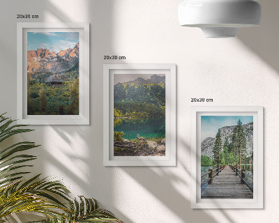 Framed triptych Mountain landscapes with a lake and a wooden pier