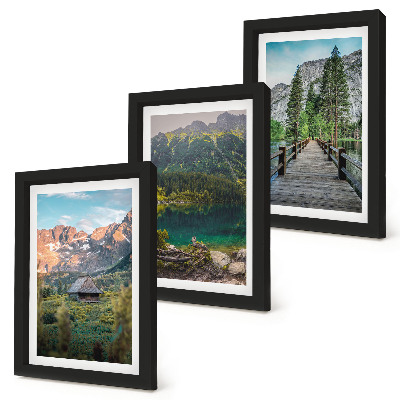 Framed triptych Mountain landscapes with a lake and a wooden pier