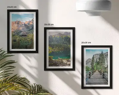 Mountain landscapes with a lake and a wooden pier framed triptych