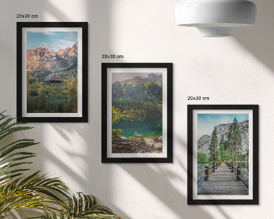 Framed triptych Mountain landscapes with a lake and a wooden pier