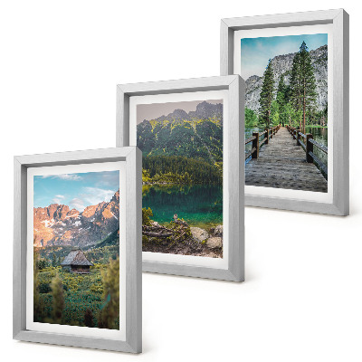 Framed triptych Mountain landscapes with a lake and a wooden pier