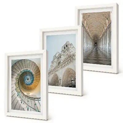 3-piece wall art set featuring the cathedral spiral staircase, building facade, and tiled corridor