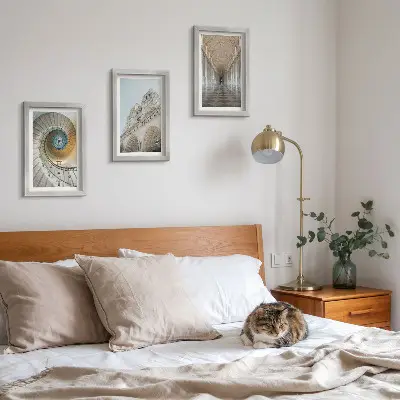 3-piece wall art set featuring the cathedral spiral staircase, building facade, and tiled corridor