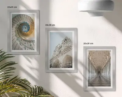 3-piece wall art set The cathedral's spiral staircase, view of the building's facade, and a tiled corridor