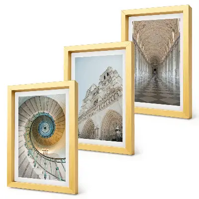 3-piece wall art set featuring the cathedral spiral staircase, building facade, and tiled corridor