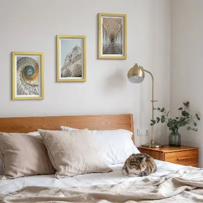 3-piece wall art set featuring the cathedral spiral staircase, building facade, and tiled corridor