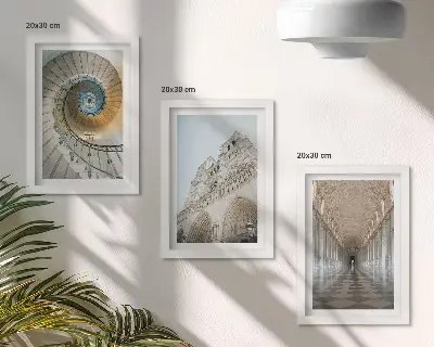 3-piece wall art set The cathedral's spiral staircase, view of the building's facade, and a tiled corridor