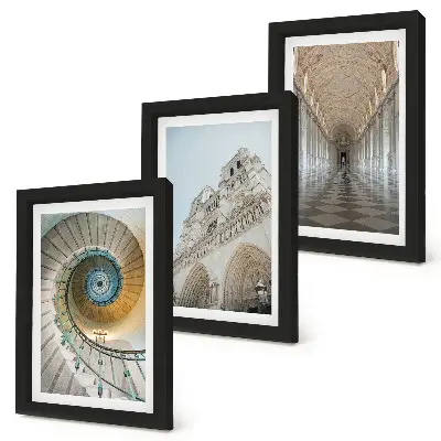 3-piece wall art set featuring the cathedral spiral staircase, building facade, and tiled corridor