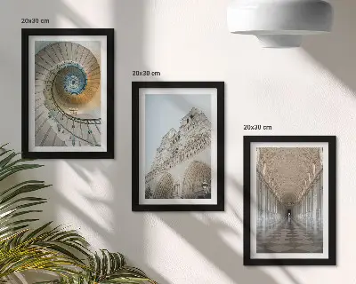 3-piece wall art set featuring the cathedral spiral staircase, building facade, and tiled corridor