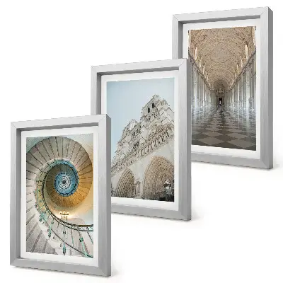 3-piece wall art set featuring the cathedral spiral staircase, building facade, and tiled corridor