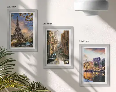 Photo frame wall featuring the Eiffel Tower, the canals of Venice, and the streets of Amsterdam